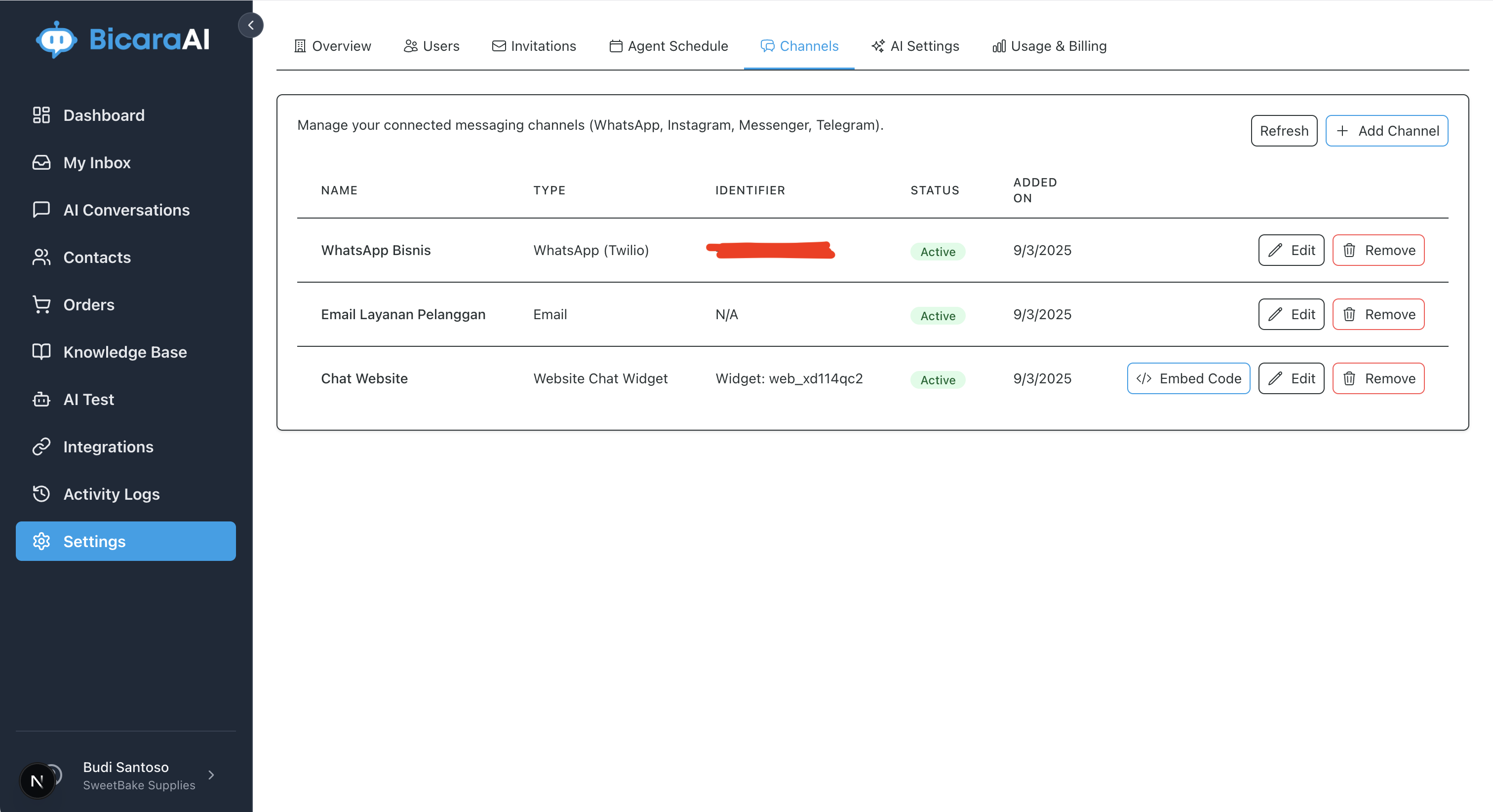 BicaraAI Multi-Channel Support including WhatsApp, Telegram, and Instagram integration