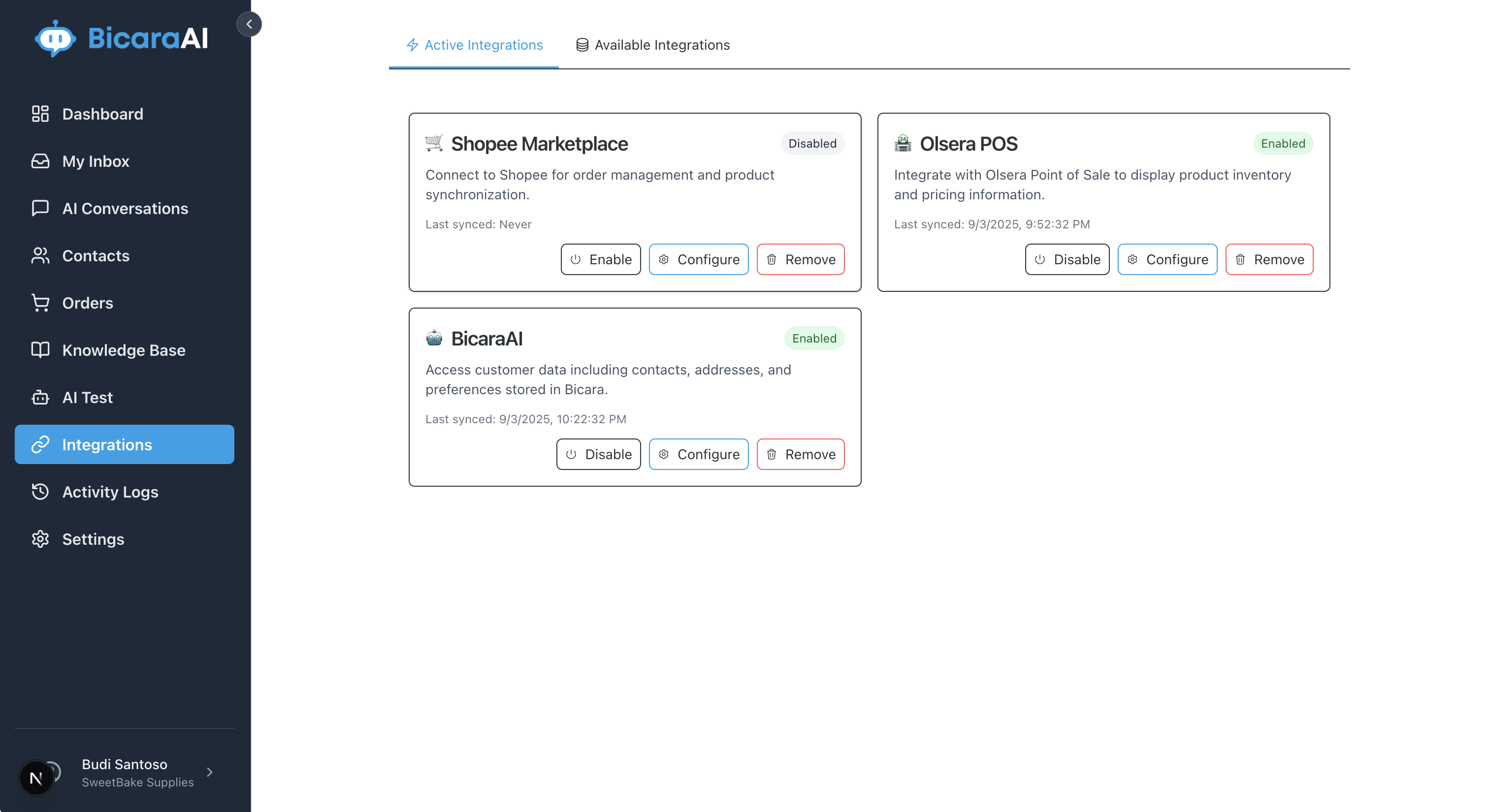 BicaraAI System Integration options and API connectivity dashboard