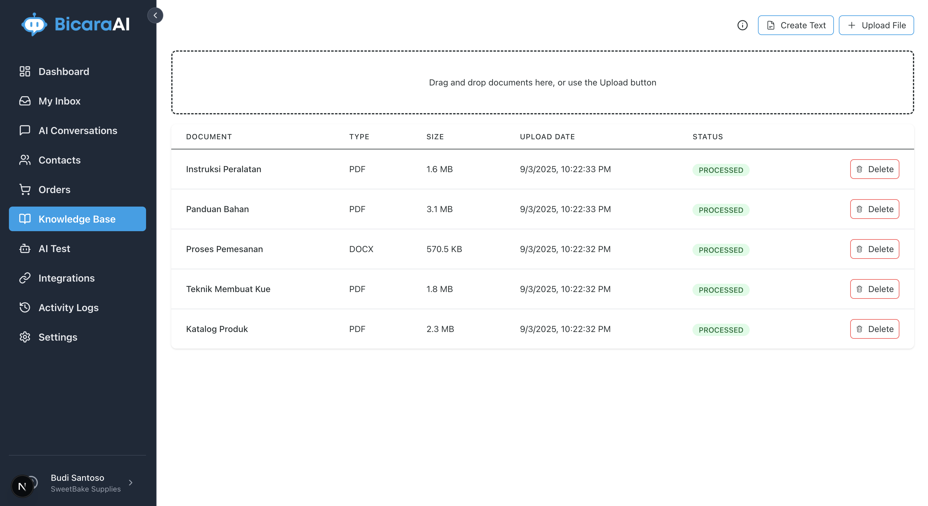 BicaraAI Knowledge Base management interface for training AI responses