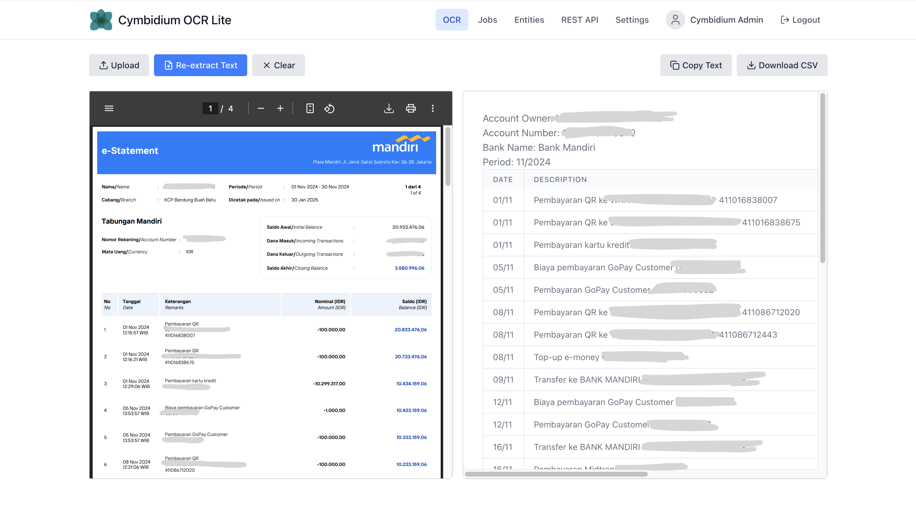 AI document data extraction interface showing parsed fields